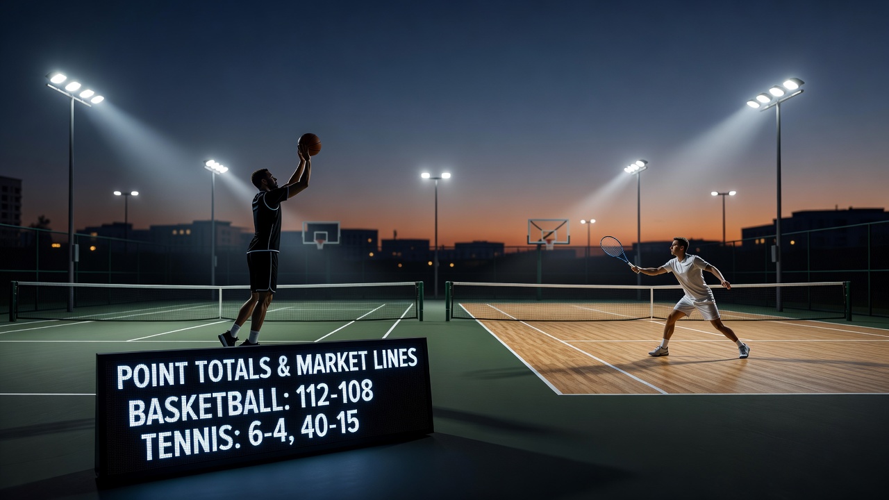 Tennis court illuminated by floodlights during an evening match with players tracking the ball under artificial conditions