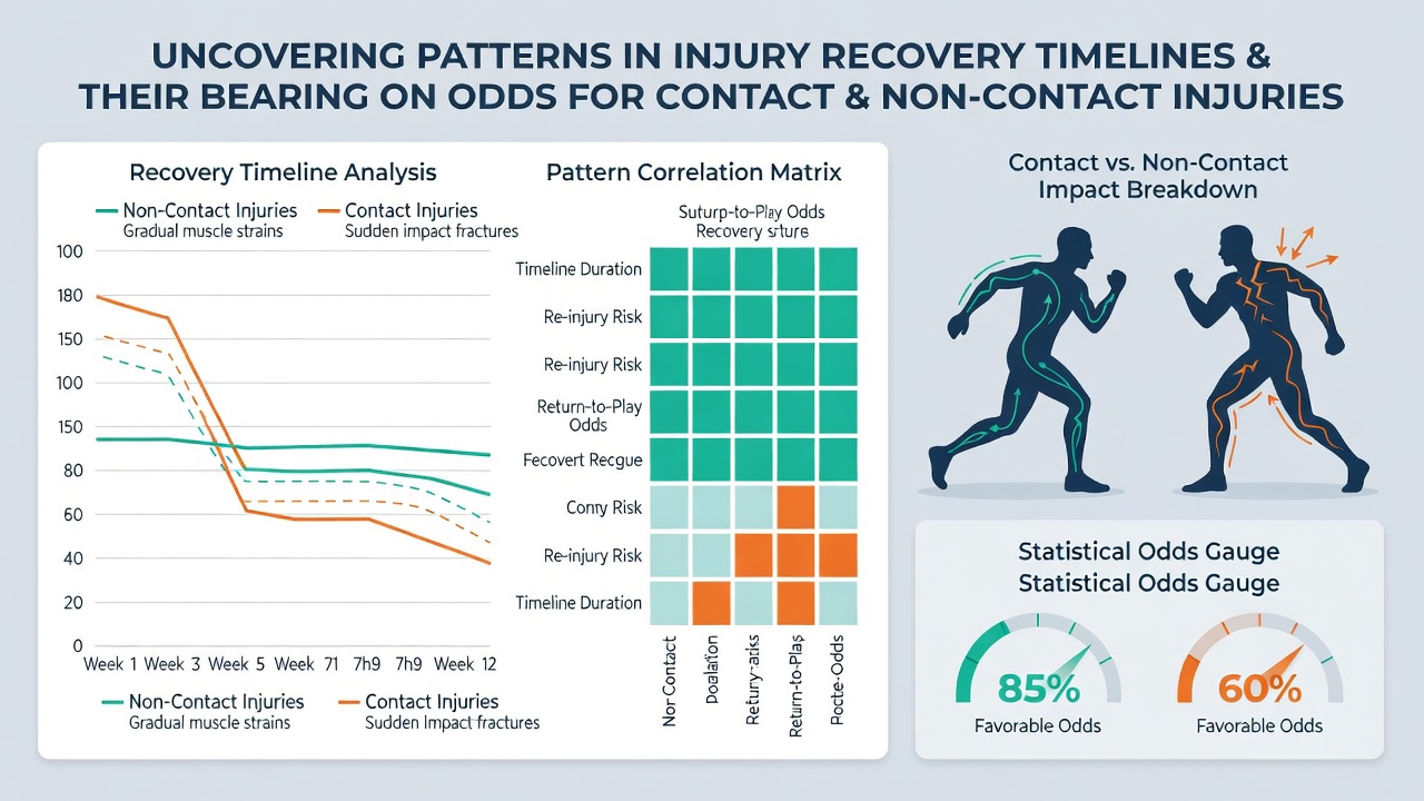 Detailed graphs showing injury recovery timelines across contact and non-contact sports with probability curves